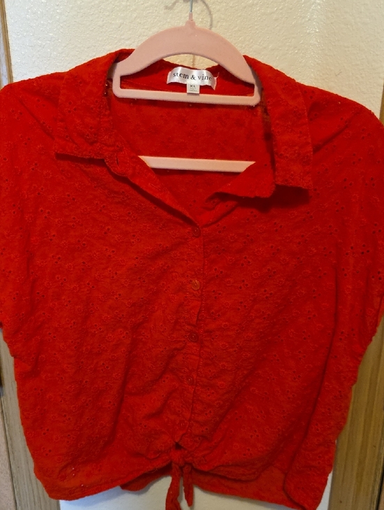 Tops - Stem & Vine Red Eyelet Tie-Front Shirt